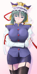 Rule 34 | 1girl, arms under breasts, asymmetrical hair, black thighhighs, blue eyes, blue shirt, breasts, buttons, closed mouth, drop shadow, garter belt, garter straps, gold trim, green hair, hair between eyes, half-closed eyes, hat, head tilt, highres, juliet sleeves, large breasts, light blush, light frown, long sleeves, looking at viewer, miniskirt, puffy sleeves, ribbon, shiki eiki, shirt, simple background, skirt, solo, thighhighs, touhou, vision (artist), white background
