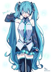 Rule 34 | 1girl, 39, :d, absurdres, bare shoulders, beamed sixteenth notes, black skirt, black sleeves, black thighhighs, blue hair, blue necktie, blush, breasts, closed eyes, collared shirt, commentary request, detached sleeves, eighth note, hair between eyes, hand in own hair, hand up, hatsune miku, headphones, headset, highres, long hair, long sleeves, medium breasts, musical note, necktie, open mouth, pleated skirt, quarter note, shirt, signature, skirt, sleeveless, sleeveless shirt, smile, sofra, solo, thighhighs, tie clip, treble clef, twintails, twitter username, very long hair, vocaloid, white shirt, wide sleeves