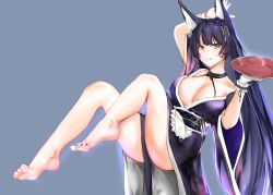 Rule 34 | 1girl, absurdres, animal ears, azur lane, barefoot, black hair, bloom, breasts, cleavage, cup, feet, highres, japanese clothes, large breasts, licking lips, long hair, looking at viewer, musashi (azur lane), nail polish, sakazuki, soles, solo, toes, tongue, tongue out, yellow eyes