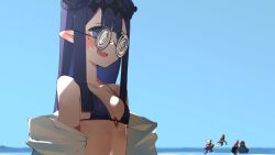 Rule 34 | 5girls, absurdres, bare shoulders, beach, bikini, black bikini, blue eyes, blue sky, blunt bangs, blush, braid, braided bangs, breasts, coke-bottle glasses, commentary, double bun, embarrassed, english commentary, fang, from side, glasses, hair bun, halterneck, headpiece, highres, hololive, hololive english, jacket, jacket partially removed, long hair, mole, mole under eye, multiple girls, ninomae ina&#039;nis, o-ring, o-ring bikini, ocean, official alternate hairstyle, pointy ears, purple hair, red-framed eyewear, sidelocks, sky, small breasts, solo focus, string bikini, sweatdrop, swimsuit, upper body, very long hair, virtual youtuber, zaniaii