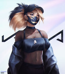 Rule 34 | 1girl, akali, artist name, baseball cap, black hair, black tank top, blonde hair, blue eyes, breasts, cheesewoo, choker, cleavage, unworn clothes, covered navel, crop top, dog tags, ear piercing, earrings, eyeliner, hair through headwear, hat, highres, jacket, jacket partially removed, jewelry, k/da (league of legends), league of legends, makeup, mascara, mask, midriff, mouth mask, multicolored hair, official alternate costume, piercing, ponytail, simple background, solo, streaked hair, tank top, the baddest akali, two-tone hair