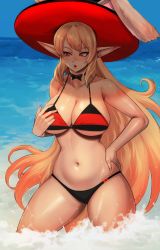 1girl bikini blonde_hair breasts choker contrapposto dungeon_and_fighter fortuneteller_rosaura hand_on_own_hip highres large_breasts long_hair navel ocean pagong parted_lips pink_lips pointy_ears red_eyes solo striped_bikini striped_clothes swimsuit very_long_hair wading