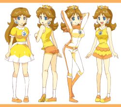 Rule 34 | 4girls, 70 (owmnesto), :d, :o, arms behind head, blue eyes, breasts, brown hair, crown, dress, earrings, frown, full body, jewelry, kneehighs, legs, looking at viewer, looking back, mario (series), mario golf, mario golf: family tour, mario golf: world tour, mario kart, mario kart wii, mario open golf, multiple girls, multiple persona, nintendo, open mouth, princess daisy, race queen, shoes, shorts, skirt, smile, socks, standing