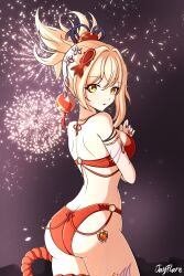Rule 34 | 1girl, absurdres, bikini, blonde hair, breasts, fireworks, genshin impact, hair ornament, high ponytail, highres, jay flare, large breasts, looking at viewer, looking back, nail polish, night, open mouth, orange eyes, outdoors, red bikini, red nails, solo, standing, swimsuit, yoimiya (genshin impact)