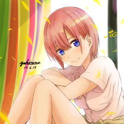 Rule 34 | 1girl, artist name, blue eyes, breasts, cardigan, cardigan around waist, character name, clothes around waist, commentary request, crossed arms, curtains, dated, elbows on knees, feet out of frame, go-toubun no hanayome, hair between eyes, head tilt, highres, indoors, knees up, looking at viewer, medium breasts, nakano ichika, parted bangs, petals, pink hair, pink shirt, shirt, short hair, short sleeves, sitting, smile, solo, striped, window, yukinemu