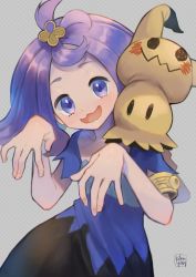 Rule 34 | 1girl, acerola (pokemon), armlet, blue dress, commentary request, creatures (company), dress, elite four, flipped hair, game freak, gen 7 pokemon, grey background, grey dress, hair ornament, hairclip, hands up, highres, kikuyoshi (tracco), looking at viewer, medium hair, mimikyu, multicolored clothes, multicolored dress, nintendo, open mouth, pokemon, pokemon (creature), pokemon sm, purple hair, short sleeves, signature, smile, tongue, topknot, torn clothes, torn dress