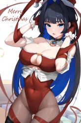 Rule 34 | 1girl, absurdres, adjusting hair, alternate costume, black choker, black hair, blue eyes, blue hair, blunt bangs, box, breasts, brown pantyhose, choker, christmas, cleavage, colored inner hair, commentary, covered navel, detached collar, detached sleeves, english commentary, fur-trimmed headwear, fur trim, gift, gift box, gloves, hair intakes, hat, heart pendant, highleg, highleg leotard, highres, hololive, hololive english, large breasts, leotard, long hair, looking back, merry christmas, multicolored hair, open mouth, ouro kronii, pantyhose, red gloves, red hat, red leotard, red ribbon, ribbon, santa hat, solo, thigh gap, tokyo (1421), virtual youtuber, white background