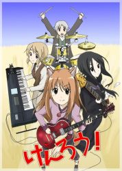 Rule 34 | 3girls, bass guitar, cagayake! girls pose, craft lawrence, crossover, dian rubens, drum, electric guitar, fender jazz bass, gibson les paul, guitar, holo, instrument, k-on!, keyboard (instrument), multiple girls, nora arento, parody, spice and wolf, yukky snow