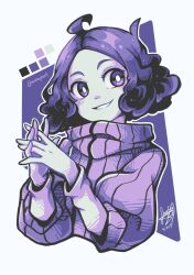 1girl ahoge color_guide commentary dated english_commentary highres light_smile limited_palette looking_at_viewer okumura_haru own_hands_clasped own_hands_together persona persona_5 pink_sweater puffy_sleeves purple_eyes purple_hair sandragh short_hair signature smile solo sweater upper_body