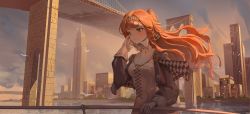 Rule 34 | 1girl, bird, bridge, city, closed mouth, highres, long sleeves, red hair, river, solo, xu jeff