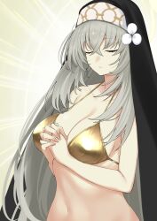 Rule 34 | 1girl, absurdres, alternate costume, bikini, blue archive, breasts, cleavage, closed eyes, closed mouth, collarbone, commentary request, eyelashes, from side, gold bikini, grey hair, habit, hair between eyes, highres, interlocked fingers, large breasts, long hair, navel, nun, own hands together, praying, sakurako (blue archive), shiny swimsuit, solo, stomach, swimsuit, taiyou-n, upper body, veil