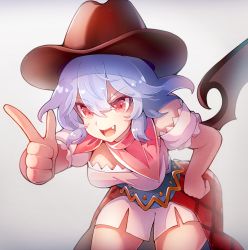 Rule 34 | 1girl, 60mai, alternate costume, black wings, blue hair, breasts, brown hat, commentary request, cosplay, cowboy hat, cowboy shot, fang, finger gun, foreshortening, gradient background, grey background, hair between eyes, hand on own hip, hat, kurokoma saki, kurokoma saki (cosplay), leaning forward, medium breasts, miniskirt, open mouth, pink shirt, pink skirt, red eyes, red scarf, remilia scarlet, scarf, shirt, skirt, skirt set, smile, solo, touhou, v-shaped eyebrows, wings
