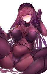 Rule 34 | 1girl, arm up, bad id, bad twitter id, belly, bodysuit, breasts, cameltoe, circlet, covered navel, fate/grand order, fate (series), groin, tucking hair, hanasaka houcha, highres, large breasts, long hair, parted lips, pauldrons, purple bodysuit, purple eyes, purple hair, scathach (fate), shoulder armor, single pauldron, solo, spread legs, transparent background, veil, very long hair