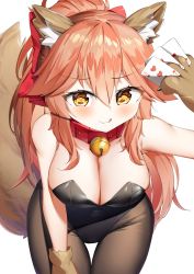 Rule 34 | 1girl, :3, absurdres, animal ear fluff, animal ears, animal hands, bell, blush, breasts, card, cat paws, cleavage, collar, covered navel, fate/grand order, fate (series), fox ears, fox girl, fox tail, gloves, hair ribbon, heart, heart-shaped pupils, highres, jingle bell, kuse (0201), large breasts, leotard, long hair, looking at viewer, neck bell, nontraditional playboy bunny, pantyhose, paw gloves, pink hair, playboy bunny, ponytail, red ribbon, ribbon, simple background, solo, symbol-shaped pupils, tail, tamamo (fate), tamamo cat (fate), tongue, white background, yellow eyes
