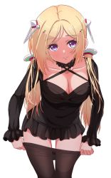 Rule 34 | 1girl, aki rosenthal, black dress, blonde hair, blue eyes, blush, breasts, choker, cleavage, criss-cross halter, detached hair, dress, frilled skirt, frills, hair ornament, halterneck, headgear, highres, hololive, large breasts, loeldrive, long hair, looking at viewer, low twintails, pantyhose, parted bangs, purple eyes, removing legwear, skirt, smile, solo, thighs, twintails, virtual youtuber, white background