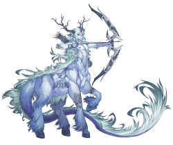 Rule 34 | 1boy, animal ears, antlers, arrow (projectile), blue fur, blue skin, bow (weapon), centauroid, chinese commentary, closed mouth, colored sclera, colored skin, drawing bow, full body, fur-tipped tail, green hair, hands up, highres, holding, holding bow (weapon), holding weapon, hooves, horns, long hair, male focus, monster boy, nude, original, quiver, red eyes, red sclera, simple background, single horn, solo, standing, tail, taur, weapon, white background, windy (416053778)