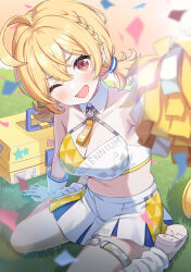 Rule 34 | 1girl, absurdres, ahoge, blonde hair, blue archive, blush, breasts, cheerleader, cleavage, detached collar, grass, hair between eyes, halterneck, highres, holding, holding pom poms, kotori (blue archive), kotori (cheer squad) (blue archive), large breasts, long hair, loose socks, millennium cheerleader outfit (blue archive), momomoi momoi, official alternate costume, one eye closed, open mouth, pleated skirt, pom pom (cheerleading), pom poms, red eyes, shoes, short twintails, sitting, skirt, smile, socks, solo, thigh strap, twintails, wariza, white footwear, white skirt, white socks