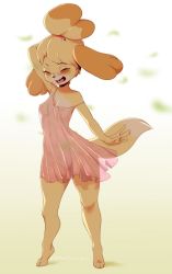 Rule 34 | 1girl, animal crossing, animal ears, animal hands, arm up, artist name, bare shoulders, barefoot, bell, blonde hair, blush, breasts, cleft of venus, closed eyes, coffeechicken, dog ears, dog girl, dog tail, dress, fang, female focus, floral print, full body, furry, furry female, gradient background, hair bell, hair ornament, hair tie, happy, highres, isabelle (animal crossing), jingle bell, jpeg artifacts, leaf, medium breasts, navel, nintendo, nipples, no bra, no panties, off shoulder, open mouth, pink dress, pussy, see-through, short hair, simple background, sleeveless, sleeveless dress, smile, solo, spaghetti strap, standing, strap slip, tail, teeth, tongue, topknot, uncensored, yellow background