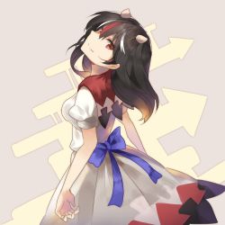 Rule 34 | 1girl, beige background, black hair, blue bow, bow, breasts, commentary request, cowboy shot, dress, falken (yutozin), from behind, grey horns, hair between eyes, head tilt, highres, horns, kijin seija, long hair, looking at viewer, looking back, medium breasts, multicolored hair, one-hour drawing challenge, puffy short sleeves, puffy sleeves, red eyes, red hair, red sailor collar, sailor collar, short sleeves, simple background, smile, solo, standing, streaked hair, touhou, white dress, white hair