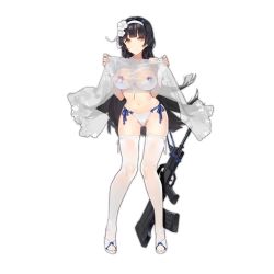 Rule 34 | 1girl, assault rifle, bikini, black hair, breasts, bridal gauntlets, bullpup, cleavage, flower, full body, girls&#039; frontline, gloves, gun, hair flower, hair ornament, hairband, kishiyo, large breasts, long hair, looking at viewer, navel, official alternate costume, official art, qbz-95, rifle, sandals, see-through, side-tie bikini bottom, smile, solo, swimsuit, thighhighs, transparent background, type 95 (girls&#039; frontline), very long hair, weapon, white gloves, white thighhighs, yellow eyes
