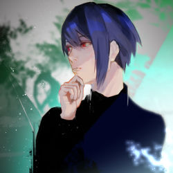 Rule 34 | 1boy, blue hair, blue sweater, commentary request, green background, grey background, hand on own chin, hand up, kyuuba melo, long sleeves, looking to the side, male focus, multicolored background, red eyes, solo, sweater, thinking, tokyo ghoul, tsukiyama shuu, upper body