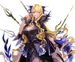 Rule 34 | 1girl, armlet, black dress, blonde hair, bracelet, breasts, brown eyes, cleavage cutout, clothing cutout, dark-skinned female, dark skin, dragon girl, dragon horns, dragon tail, dress, facial mark, fate/grand order, fate (series), grin, horns, jewelry, koshika rina, large breasts, long hair, long sleeves, looking at viewer, neck ring, polearm, simple background, smile, solo, spear, swept bangs, tail, veil, vritra (fate), weapon, white background