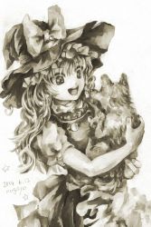 Rule 34 | 1girl, artist name, bad id, bad pixiv id, bow, braid, dated, dog, hair bow, hat, kirisame marisa, long hair, monochrome, nagayo, open mouth, ribbon, smile, solo, touhou, witch hat