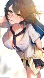 Rule 34 | 1girl, absurdres, arm behind back, azur lane, bag, baltimore (after-school ace) (azur lane), baltimore (azur lane), bare legs, black bra, black ribbon, black skirt, bra, bra peek, braid, breasts, brown hair, carrying over shoulder, cleavage, clothes around waist, collarbone, commentary, cowboy shot, eyelashes, hair between eyes, highres, kitsune-neko, lace, lace-trimmed bra, lace trim, large breasts, looking at viewer, miniskirt, neck ribbon, open mouth, partially unbuttoned, pixiv username, pleated skirt, ribbon, school bag, shirt, short hair, short sleeves, simple background, skirt, smile, solo, sweat, sweater, sweater around waist, thighs, underwear, uniform, walking, watermark, web address, wet, wet clothes, wet shirt, white background, wind, yellow eyes