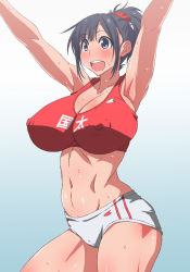 Rule 34 | 1girl, armpits, arms up, black eyes, black hair, breasts, buruma, cameltoe, covered erect nipples, female focus, gym uniform, hair ornament, huge breasts, kunifuto, navel, open mouth, ponytail, short hair, shorts, solo, standing, sweat