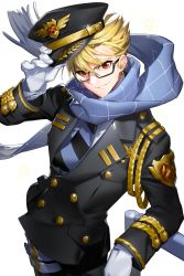 Rule 34 | 1boy, adjusting clothes, adjusting headwear, armrest, blonde hair, blue scarf, cross, cross earrings, earrings, glasses, gloves, grin, hat, highres, jewelry, looking at viewer, male focus, necktie, official art, parted lips, pocket, red eyes, scar, scarf, skorn, smile, soccer spirits, solo, striped necktie, striped neckwear, transparent background, uniform, white gloves