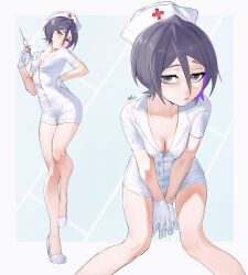 Rule 34 | 1girl, absurdres, alternate costume, black eyes, black hair, bleach, breasts, cleavage, collared shirt, commentary, dated, english commentary, gloves, hand on own hip, hat, high heels, highres, holding, holding syringe, kuchiki rukia, looking at viewer, multicolored hair, multiple views, nurse, nurse cap, petite, purple hair, shirt, short hair, signature, skinny, small breasts, streaked hair, syringe, tomboy, waligner, white footwear, white gloves, white shirt
