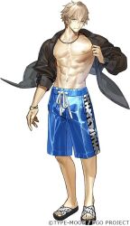 Rule 34 | 1boy, abs, adjusting clothes, asymmetrical sleeves, black jacket, blonde hair, blue eyes, bracelet, copyright notice, fate/grand order, fate (series), full body, gawain (fate), hair between eyes, jacket, jewelry, looking at viewer, male focus, male swimwear, necklace, no shirt, official art, open clothes, open jacket, sandals, short hair, simple background, smile, solo, standing, swim trunks, toned, toned male, uneven sleeves, wada arco, watch, white background, wristwatch