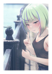 Rule 34 | 1girl, ahoge, alternate costume, black tank top, blush, border, breasts, brown eyes, bug, cleavage, commentary request, day, dragonfly, green hair, highres, index finger raised, insect, kantai collection, looking at viewer, medium breasts, multicolored hair, outdoors, purple hair, railing, sakieko, short hair, sideboob, solo, streaked hair, take (kancolle), tank top, upper body, white border