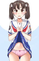 Rule 34 | 1girl, absurdres, bad id, bad pixiv id, blue background, blue skirt, blush, bow, bow panties, brown eyes, brown hair, clothes lift, collarbone, cowboy shot, flower, hair flower, hair ornament, high school fleet, highres, kapatarou, lifting own clothes, looking at viewer, navel, neckerchief, open mouth, panties, pink panties, pleated skirt, polka dot, polka dot panties, red neckerchief, sailor collar, school uniform, serafuku, shiretoko rin, shirt, short sleeves, simple background, skirt, skirt lift, solo, tears, twintails, two-tone background, underwear, wavy mouth, white background, white flower, white sailor collar, white shirt, yokosuka girls marine high school uniform