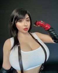 Rule 34 | 1girl, bare shoulders, black background, black gloves, black hair, black skirt, black suspenders, blush (makeup), breasts, brown eyes, cleavage, collarbone, cosplay, cosplay photo, elbow gloves, eyelashes, eyeliner, female focus, final fantasy, final fantasy vii, fingerless gloves, gloves, highres, large breasts, lips, lipstick, long hair, makeup, open mouth, photo (medium), red gloves, red lips, skirt, solo, source request, square enix, square soft, suspenders, tagme, tank top, teeth, thejulietttemichele, tifa lockhart, tifa lockhart (cosplay), white top, wig