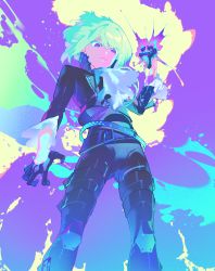 Rule 34 | 1boy, absurdres, belt, black gloves, closed mouth, frilled sleeves, frills, gloves, green hair, half gloves, highres, km (ksolee1201), knee pads, lio fotia, looking down, male focus, medium hair, promare, purple eyes, solo, tight clothes