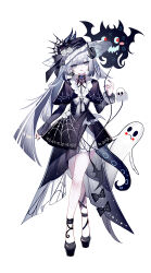 1girl absurdres black_dress black_footwear black_hat crossed_legs dress grey_eyes grey_hair hand_up hat highres long_hair long_sleeves looking_at_viewer original sheya shoes short_dress simple_background solo very_long_hair watson_cross white_background