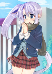 Rule 34 | 1girl, ase (nigesapo), azur lane, blazer, blue eyes, blue jacket, blue sky, blush, breath, brown scarf, chestnut mouth, cloud, cloudy sky, commentary request, cowboy shot, day, eyelashes, eyes visible through hair, fang, fringe trim, green vest, hair between eyes, hands up, jacket, light purple hair, long hair, long sleeves, miniskirt, open mouth, outdoors, own hands together, parted bangs, plaid, plaid skirt, pleated skirt, ponytail, portland (azur lane), raised eyebrows, red skirt, scarf, shirt, side ponytail, skirt, sky, solo, standing, very long hair, vest, white shirt