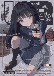 Rule 34 | 1girl, absurdres, aiming, aiming at viewer, artist name, bag, belt, black hair, black socks, blue belt, blue dress, box, brown footwear, bullet, cake, character name, character profile, closed mouth, collared shirt, color guide, cover, dress, english text, fake magazine cover, finger on trigger, food, full body, goshichi shoji, green ribbon, grey background, grey dress, gun, hair between eyes, handgun, highres, holding, holding gun, holding weapon, inoue takina, knee up, kneehighs, loafers, long hair, long sleeves, looking at viewer, lycoris recoil, lycoris uniform, magazine cover, neck ribbon, on one knee, pleated dress, poop, purple background, purple eyes, reference inset, ribbon, school uniform, shell casing, shirt, shoes, simple background, sitting, smoke, socks, solo, squatting, straight hair, two-tone dress, uniform, very long hair, weapon