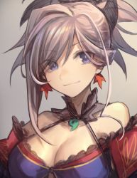 Rule 34 | 1girl, asymmetrical hair, breasts, cleavage, closed mouth, earrings, fate/grand order, fate (series), grey background, hair ornament, hair over one eye, jewelry, large breasts, leaf, leaf earrings, maple leaf, mephisto (angraecum), miyamoto musashi (fate), miyamoto musashi (third ascension) (fate), ponytail, purple eyes, silver hair, smile, solo, upper body