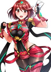 Rule 34 | 1girl, akihila, armor, backless outfit, black gloves, bob cut, breasts, chest jewel, core crystal (xenoblade), drop earrings, earrings, fingerless gloves, gloves, highres, impossible clothes, jewelry, large breasts, nintendo, pantyhose, pantyhose under shorts, pyra (xenoblade), red eyes, red hair, red shorts, short hair, short shorts, short sleeves, shorts, shoulder armor, skindentation, smash invitation, solo, super smash bros., suspenders, swept bangs, thighhighs, thighhighs over pantyhose, tiara, xenoblade chronicles (series), xenoblade chronicles 2