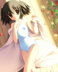 00s 1girl bare_legs bed_sheet brown_eyes brown_hair child female_focus one-piece_swimsuit panties school_swimsuit solo swimsuit to_heart_(series) to_heart_2 toranosuke underwear white_one-piece_swimsuit white_school_swimsuit yuzuhara_konomi