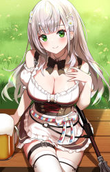 Rule 34 | 1girl, apron, bare shoulders, beer mug, blunt bangs, blush, bow, bowtie, breasts, cleavage, closed mouth, corset, cup, detached collar, detached sleeves, flower, frills, grass, green eyes, hair flower, hair ornament, hand up, highres, hololive, kiki-yu, large breasts, long hair, looking at viewer, mug, on bench, shirogane noel, shirogane noel (dirndl), sitting, smile, solo, straight hair, thigh strap, thighhighs, virtual youtuber, waist bow, white hair
