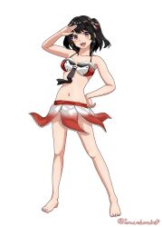 1girl absurdres adapted_costume bikini bikini_skirt black_hair breasts brown_eyes full_body hair_ornament hand_on_own_hip highres kantai_collection looking_at_viewer medium_breasts navel open_mouth round_teeth salute sendai_(kancolle) sendai_kai_ni_(kancolle) short_hair solo sorairo_haruka swimsuit teeth two_side_up upper_teeth_only