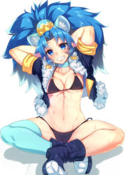 Rule 34 | 10s, 1girl, animal ears, aqua thighhighs, arms up, bikini, black bikini, blue eyes, blue hair, boots, breasts, cropped jacket, cure gelato, earrings, fur trim, grin, indian style, jacket, jewelry, kirakira precure a la mode, long hair, looking at viewer, medium breasts, navel, open clothes, open jacket, parted bangs, parted lips, precure, satou (kuso-neet), short sleeves, simple background, single thighhigh, sitting, smile, solo, swimsuit, thighhighs, thighs, white background
