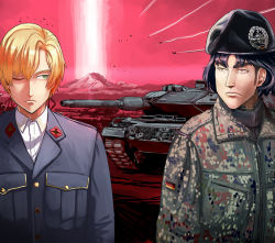 Rule 34 | 2boys, black hair, blonde hair, blue eyes, commentary request, male focus, military, military uniform, military vehicle, motor vehicle, multiple boys, nogami takeshi, official art, tank, uniform, upper body, warlords of sigrdrifa, weapon request