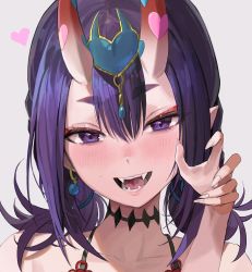 Rule 34 | 1girl, absurdres, black choker, blush, choker, collarbone, earrings, eyelashes, fangs, fate/grand order, fate (series), fingernails, forehead jewel, freng, grey background, hair between eyes, heart, highres, horns, jewelry, lips, looking at viewer, medium hair, open mouth, portrait, purple eyes, purple hair, sharp fingernails, shuten douji (fate), shuten douji (fate/grand order), shuten douji (halloween caster) (fate), simple background, skin-covered horns, smile, solo, sweatdrop, thick eyebrows