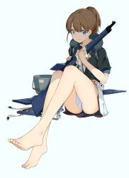 Rule 34 | 1girl, barefoot, black shirt, blue background, blue eyes, bolt action, breasts, brown hair, bucket, commentary request, feet, flight deck, foreshortening, full body, gun, highres, holding, holding gun, holding weapon, intrepid (kancolle), kantai collection, looking at viewer, m1903 springfield, medium breasts, neck pillow, ponytail, revision, rifle, shirt, short hair, short sleeves, simple background, sitting, skirt, smile, solo, weapon, yamano (yamanoh)
