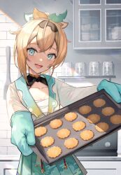 Rule 34 | 1girl, ahoge, baking, black hairband, blonde hair, blue eyes, blue skirt, blush, bow, breasts, commentary request, cookie, cooking, cowboy shot, double-parted bangs, food, hair bow, hairband, highres, holding, holding tray, hololive, indoors, kazama iroha, kazama iroha (1st costume), kitchen, looking at viewer, medium hair, multicolored bow, open mouth, oven mitts, skirt, small breasts, smile, solo, standing, tray, virtual youtuber, xyunx