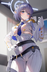 Rule 34 | 1girl, absurdres, aoi (blue archive), belt, black belt, blue archive, blue eyes, blue hair, blue halo, blue necktie, breasts, clipboard, collared jacket, crop top, crop top overhang, cropped jacket, epaulettes, gloves, halo, hand on own hip, high-waist skirt, highres, holding, holding clipboard, holster, indoors, jacket, large breasts, long sleeves, looking at viewer, mole, mole under eye, necktie, pointy ears, ribbed skirt, short hair, skirt, solo, stone (ksorede), underboob, white gloves, white jacket, white uniform